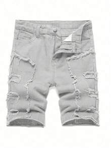 Tween Boy Summer Casual Distressed Slanted Pocket Denim Shorts Red Jeans - Light Grey - View 1