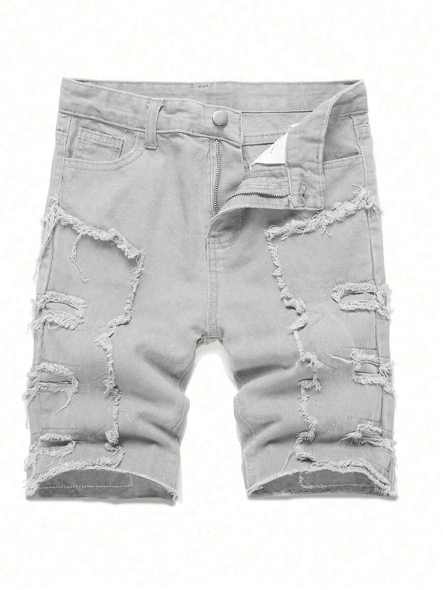 Tween Boy Summer Casual Distressed Slanted Pocket Denim Shorts Red Jeans - Light Grey - View 1