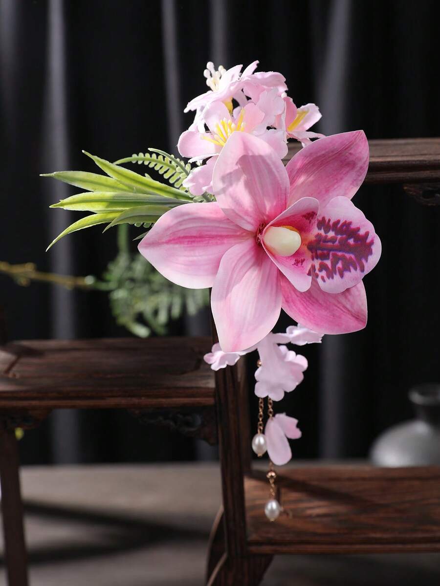 1件甜美粉色調人造百合花髮夾，少女風側邊髮夾，適合盤髮，仙女風女性攝影與穿搭髮飾 - 玫粉色 - 查看 1