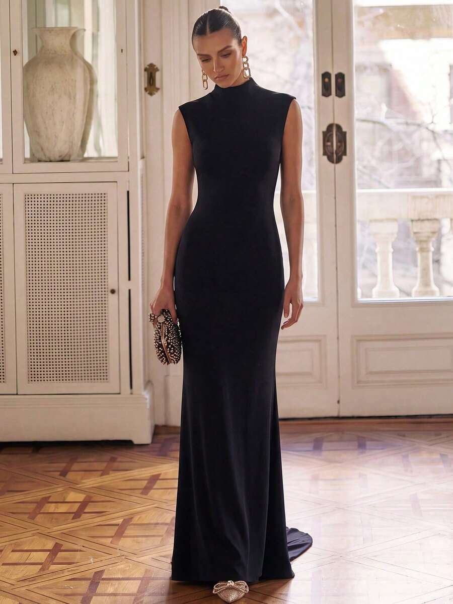 New Elegant Pure Black Faux Collar Sleeveless Fitted Long Dress, Slit Hem Knit Evening Gown, Suitable For Banquets, Wedding Guests And Cocktail Parties