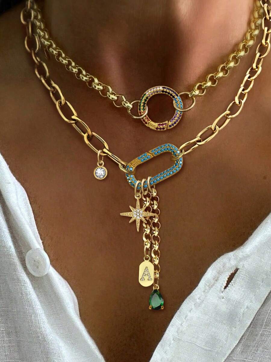 1PC Gold Oval Buckle With A-Z Letter Necklace,Unique Luxury Multiple Pendant Tassel Letters Chain,For Ladies' Girls Daily Work Party Jewel - Yellow Gold - View 1