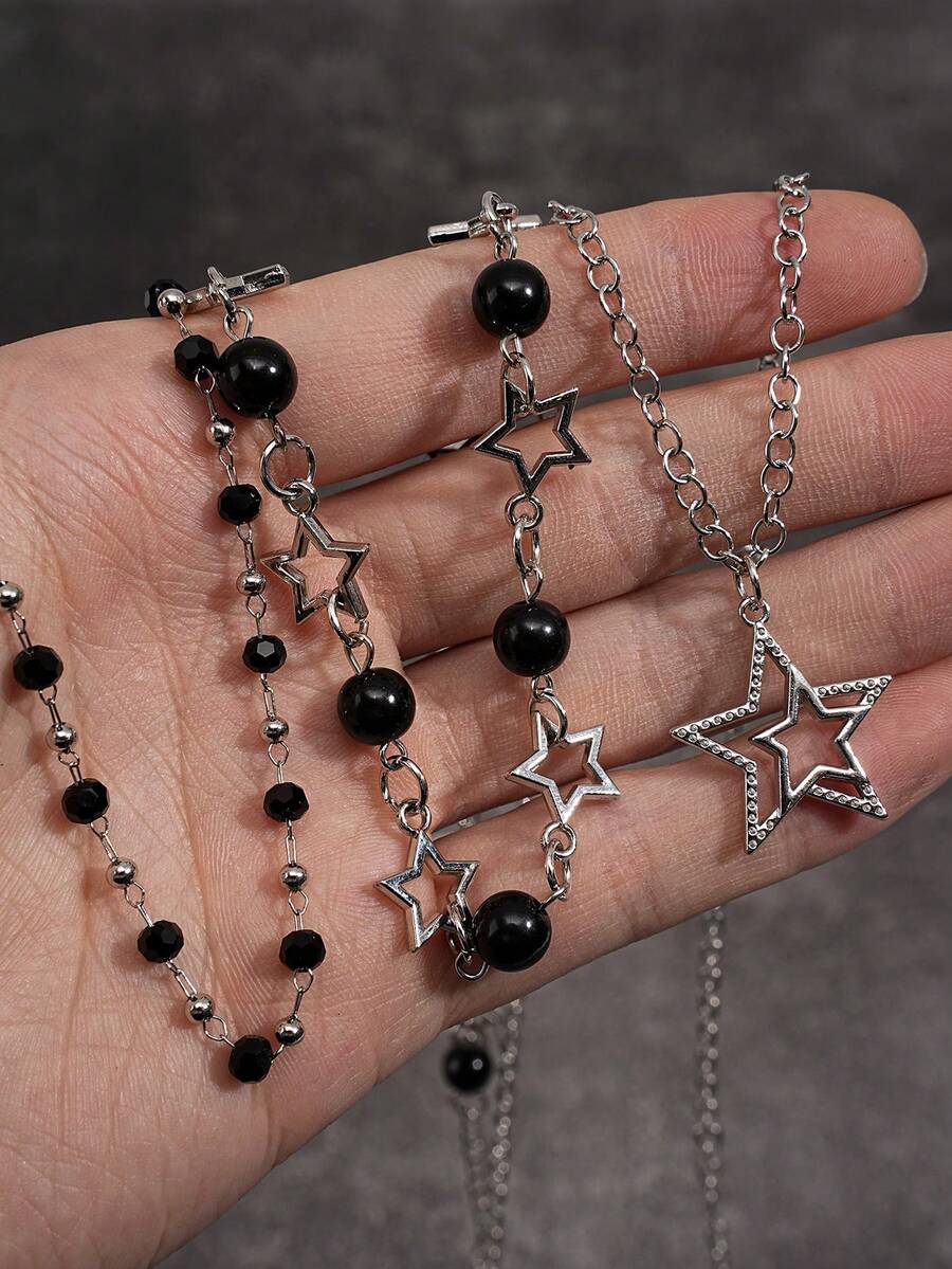 3pcs/Set Y2K Grunge Style Alloy Black Bead Hollow Star Multi-Layer Leather Cord Necklace Set, Daily Streetwear Accessory For Women