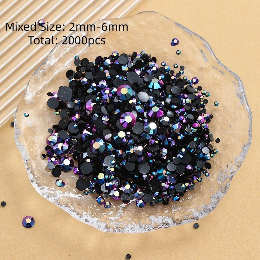 2MM-6MM 混合尺寸 2000顆/包 圓形平底樹脂水鑽,果凍糖 AB 色亮面亮片,DIY 寶石貼紙,珠寶珠飾,適用於衣服、包包、鞋子、馬克杯、瓶子、杯子、手機、DIY 配件 - 黑底紫紅 - 查看 1