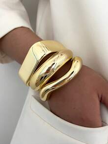6pcs/3pcs/1pc Vintage Elegant Bohemian Style Women's CCB Gold Open Geometric Bracelet, Asymmetrical Geometric Striped Wave Wide Cuff Water Drop Bracelet, Suitable For Women's Daily Wear, Gatherings, Parties, Summer Beach Vacation, Travel, Gift Giving - Gold - View 9