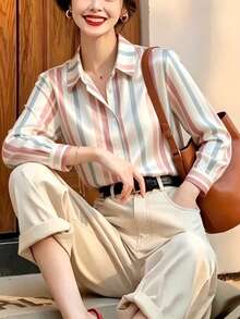 Fashionable Women's Long Sleeve Striped Shirt, Casual Polyester Button-Up Shirt, Shirt Collar, Suitable For Autumn Wear. - Baby Pink - View 6
