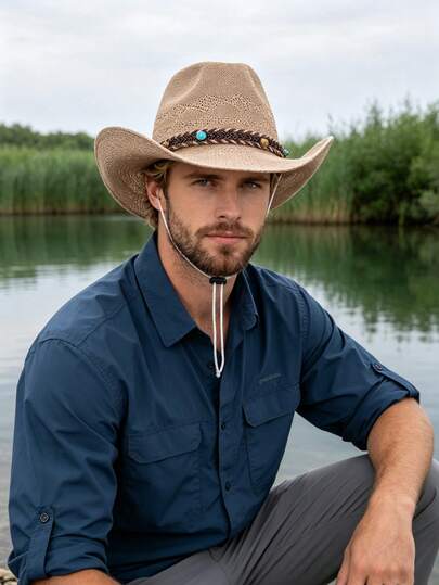 1 pieza Sombrero de paja estilo vaquero occidental para hombre con banda trenzada de cuentas de turquesa, correa ajustable para la barbilla a prueba de viento, sombrero de sol para exterior de verano