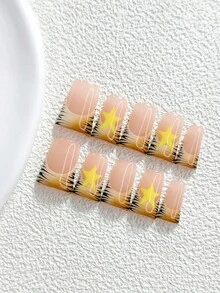 10片裝 Y2K 風格手工穿戴甲，Polygel 美甲套組，星星圖案，黃色、棕色與黑色指甲油，酷豹紋風格，附美甲工具，3 種尺寸可選，杏仁形、鴨嘴形、棺材形，適合派對、跳舞、日常配戴 - 彩色 - 查看 20