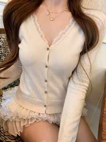 White Lace Trim Patchwork V-Neck Knit Cardigan Women's Autumn/Winter New Design Stylish Knit Sweater Top - Asami Anzu - View 5