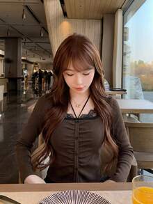 Autumn/Winter Sweet & Spicy Style Square Neck Colorblock Lace Patchwork 2 In 1 Square Neck Base Layer Top Women's Design-Driven Fitted Long Sleeve Sweater - Coffee Brown - View 3