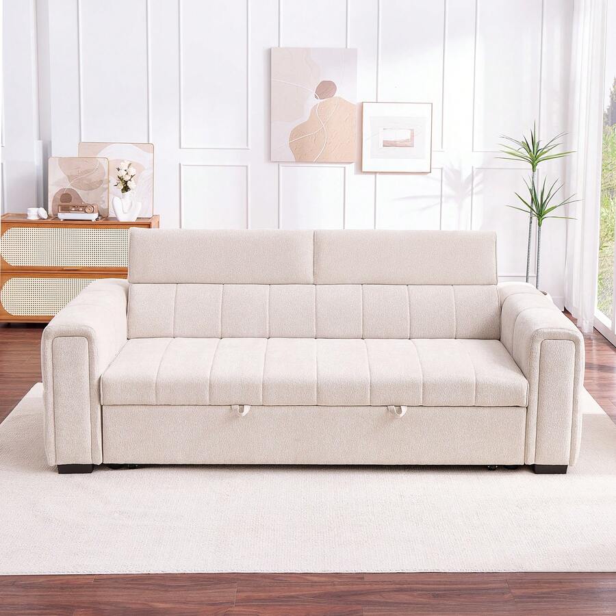 Verwandelbares Schlafsofa, Chenille-Bezug, verstellbare Kopfstütze, ausziehbares Bett mit Stauraum, Multifunktionssofa, geeignet für Wohnzimmer und Wohnungen,Beige - Beige - Übersicht 1