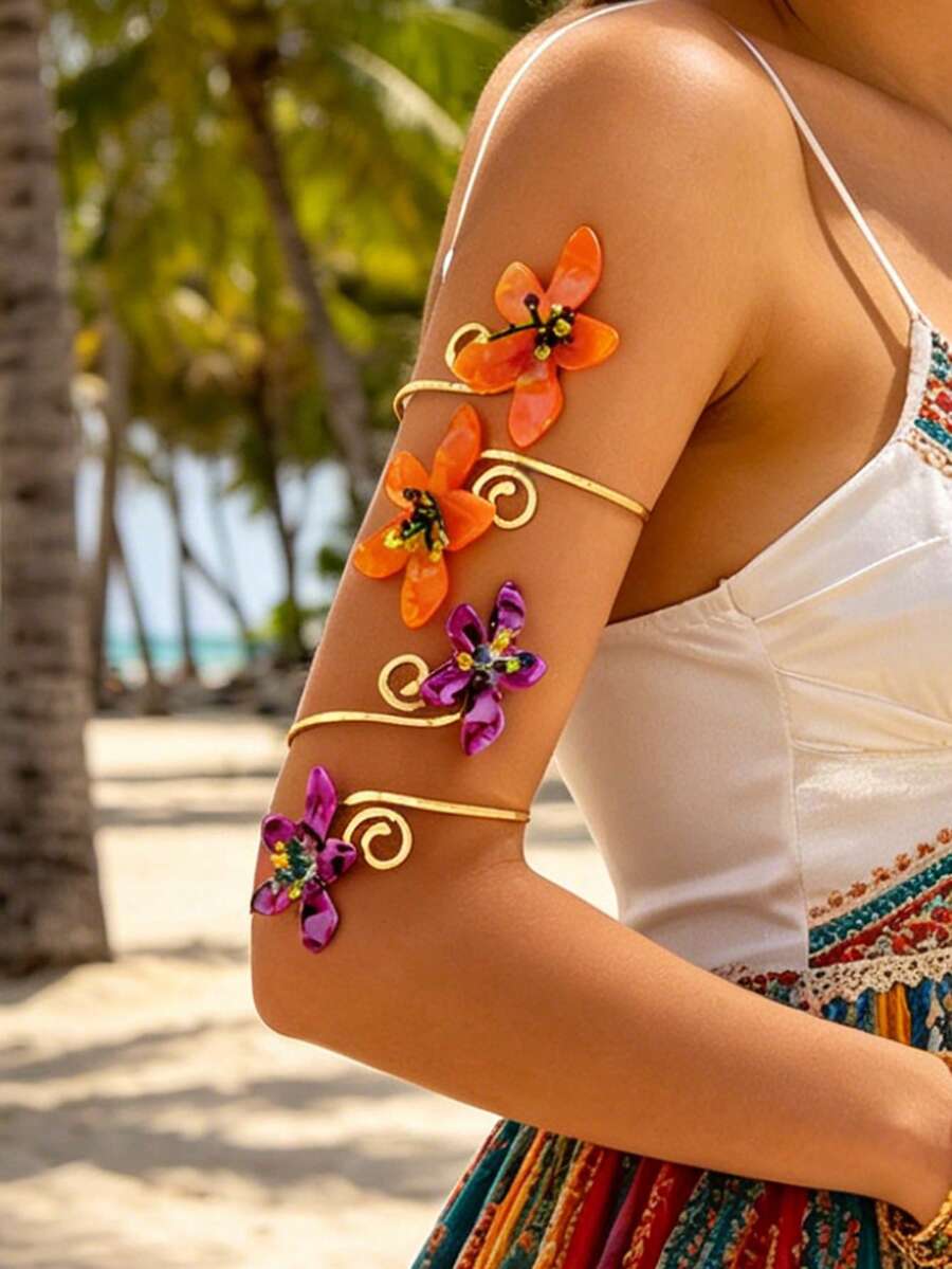 1pc Niche Tie-Dye Resin Flower Multi-Layer Arm Cuff, Contrast Orange & Purple Floral Spiral Metal Arm Ring, Beach Outfit Decorative Arm Accessory - Flower Armband - View 1