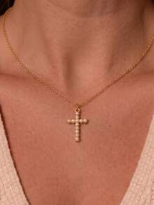 1pc Stainless Steel Gold Plated Elegant Faux Pearl Cross Pendant Necklace, Multi-Layer Wearable Fashion Necklace For Women - Gold - View 1