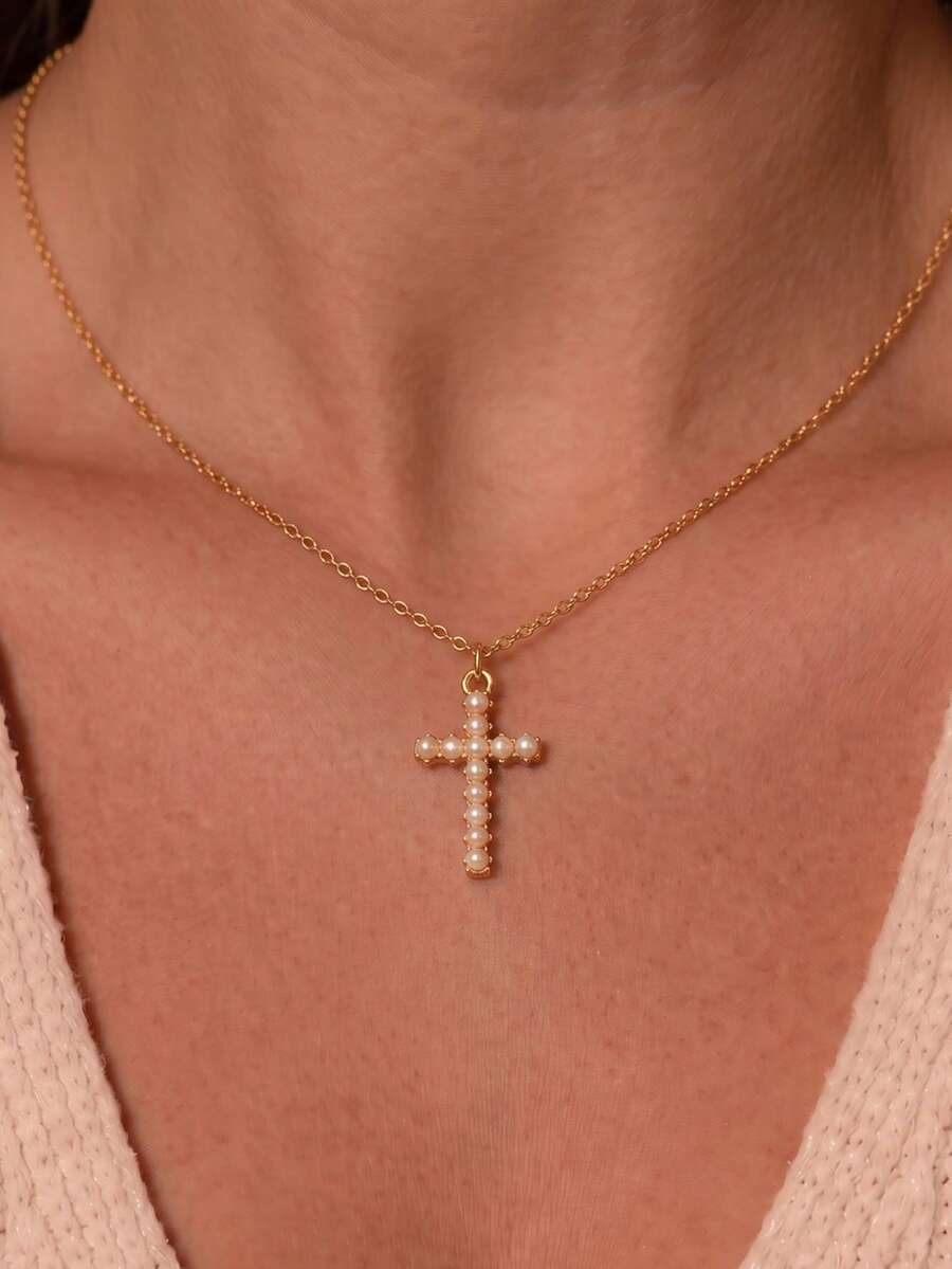 1pc Stainless Steel Gold Plated Elegant Faux Pearl Cross Pendant Necklace, Multi-Layer Wearable Fashion Necklace For Women - Gold - View 1