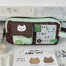 1pc Green Four-Leaf Clover Pattern Cat-Shaped Pencil Case, High Cost-Performance Large Capacity Student Pencil Bag, Storage Bag, High-Quality Pencil Holder, Back To School Gift, Student Desk Stationery Organizer - Four-leaf Clover Kitten - View 3