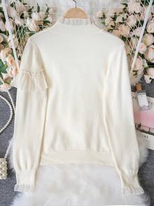Women's New Autumn/Winter Apricot Casual Semi-High Neck Long Sleeve Ruffle Knit Base Layer Top With Beaded Design, Long Sleeve Sweater Fall - Apricot - View 8