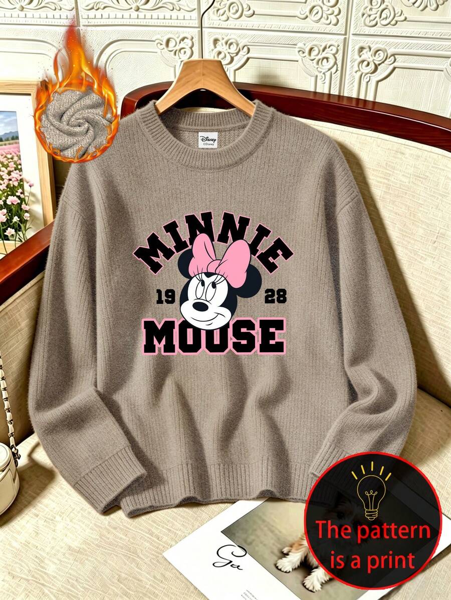 Disney Women's Plus-Size Casual Faux-Knit Top; Soft, Comfortable Fabric; Suitable For Autumn And Winter; Features A Minnie Mouse Letter Print. - Camel - View 1
