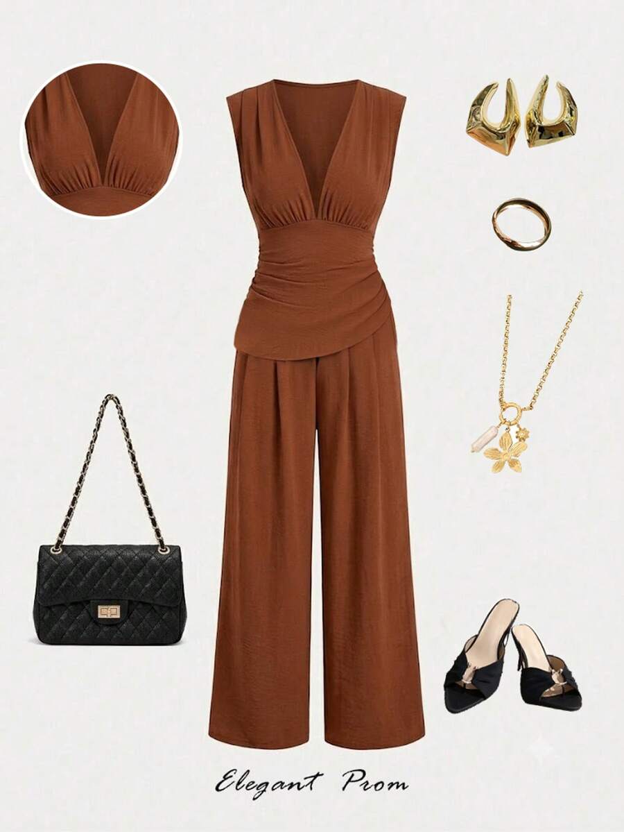Elegant Women's Deep V Neck Ruched Bust Two Pieces Jumpsuit, Zipper Detail, Non-Stretch For Fall - Reddish Brown - View 1
