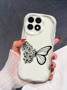Cream Dopamine Wave Ruffle Soft TPU Texture Creative Personalized Minimalist Line Butterfly Pattern Phone Case Compatible With Galaxy S21 S22 S23 S24 S25 S26/Honor/ And Other Models - White - View 1