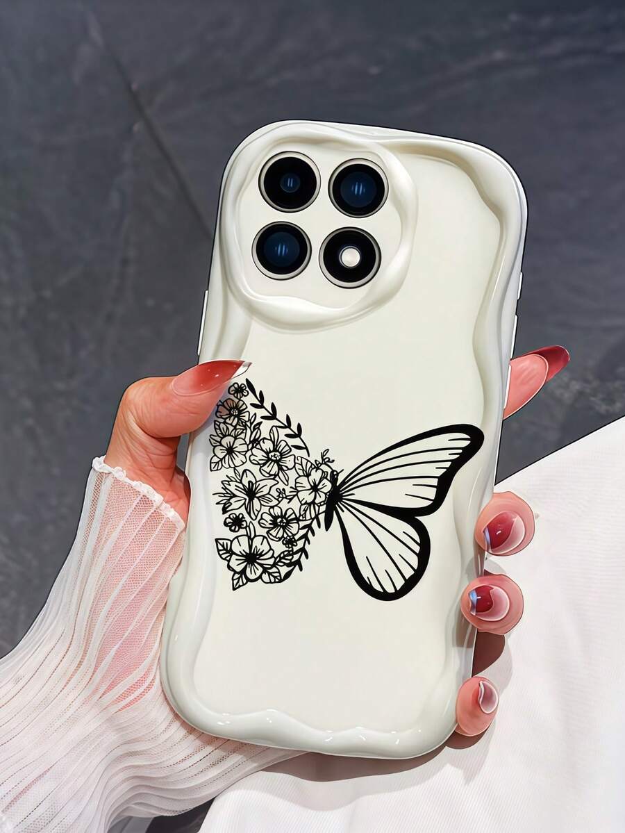 Cream Dopamine Wave Ruffle Soft TPU Texture Creative Personalized Minimalist Line Butterfly Pattern Phone Case Compatible With Galaxy S21 S22 S23 S24 S25 S26/Honor/ And Other Models - White - View 1