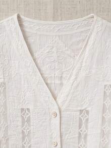 Vacation White Boho Eyelet Cutout Blouse Loose Petal Sleeve Scallop Hem Front Placket Shirt For Summer Street Daily Matching - White - View 8