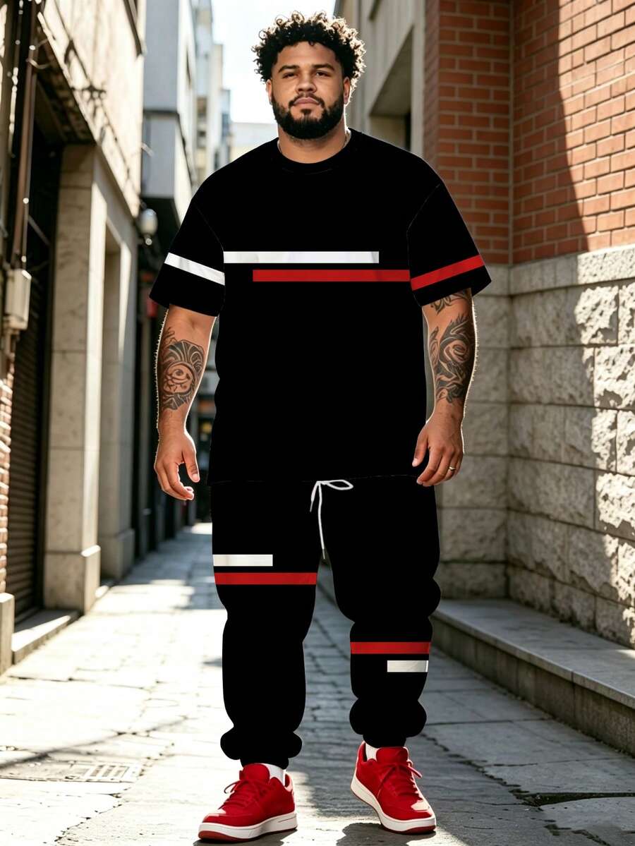 Men's Street Casual Minimalist Series "Color Block Line Pattern" Sports Set - Polyester Knit Fabric, Round Neck Design, Drawstring Cuffed Pants, Pocket Details, Regular Fit, Suitable For Plus Size - Black - View 1