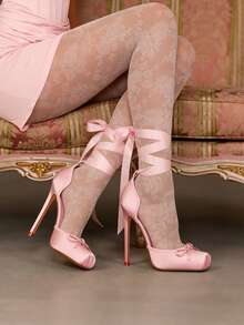 Stain Ballet Heels Women Stiletto Pumps Closed Square Toe Bow Ballerina Lace Up Strappy Valentine's Day Elegant Party Shoes - 粉色 - 查看 1