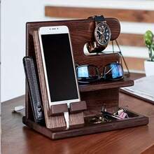 1pc Wooden Storage Rack, Phone Stand Bedside Organizer, Phone Accessories Gift Box, Keychain Wallet Storage Rack, Watch Glasses Coin Storage Box, Birthday Gift For Men Husband Boyfriend Dad Son Boss - Multicolor - View 5