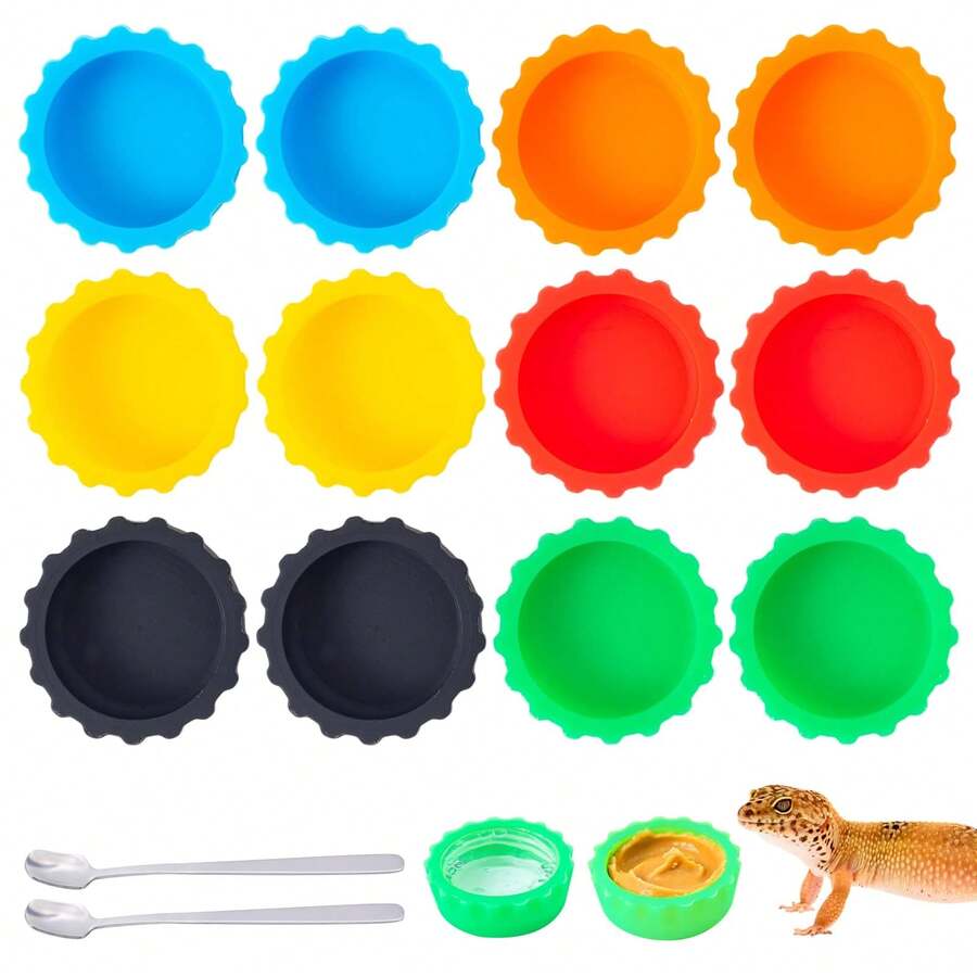 12pcs Gecko Feeding Bowls Silicone Small Cups Reusable Food & Water Dish Glass Container Bowl With 2 Feeding Spoons Suitable For Crested Gecko, Leopard Gecko, Lizard, Snail, Hermit Crab, Small Reptiles