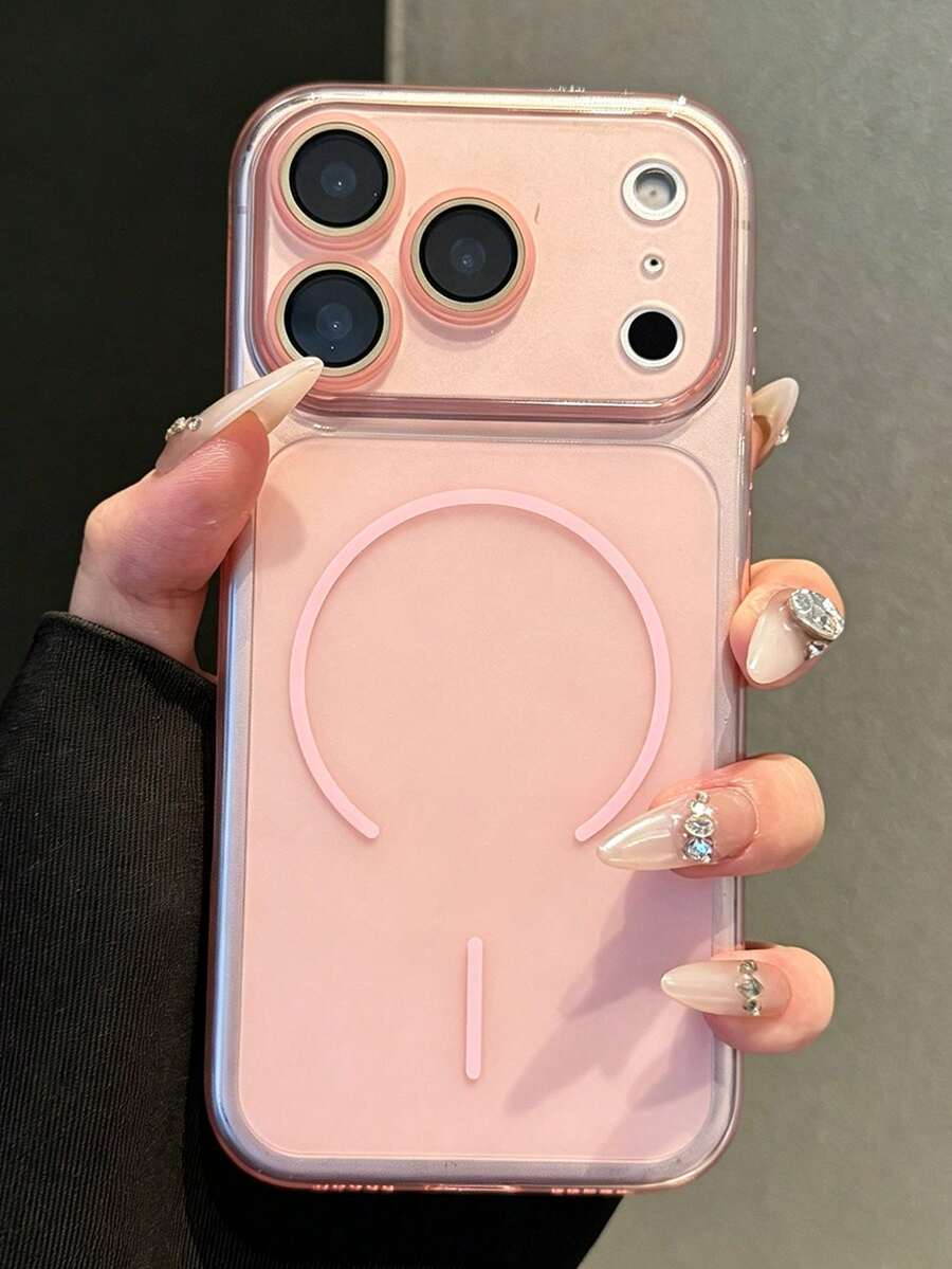 Pink Semi-Transparent Magnetic Phone Case, Compatible With 17Pro Max/17Pro/17/16Pro Max/16/15Pro Max/14Pro Max/13/12Pro Max/12/12Mini/11Pro Max/11Pro/11/7/8/SE/16e/7P/X/XR/Xs Max, Full Lens Coverage Shockproof Protective Case, Daily Essential - Pink - View 1