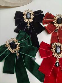 1pc Vintage Court Style Burgundy Velvet Double Layer Bow Tie With Gold Hollow Flower Frame Black Gemstone Teardrop Pendant Adjustable Neck Cord, Wedding Dress JK Shirt Christmas Atmosphere Neck Accessory For Halloween Cosplay Party, Event, Photo Shoot - Red - View 8