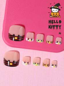 Helloween Sanrio Hello Kitty 24片短方型法式穿戴式腳趾甲，萬聖節系列 Hello Kitty 與血跡設計，適用壓克力假腳趾甲，含1片果凍膠與1片指甲锉，適合女孩日常與派對使用 - 彩色 - 查看 2