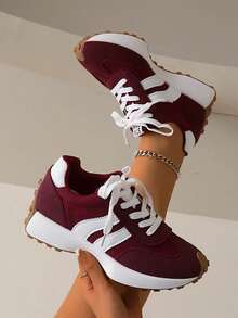 2026 New Retro Suede Sneakers Women, Blue White Casual Lace-Up Trainers, Comfortable Non-Slip Chunky Sole Running Shoes - 紅色 - 查看 2