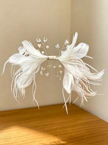 1pc Ethereal White Faux Feather Pearl Crystal Hair Clip, Bridal Wedding Dress Side Clip, Luxury Wedding Banquet Headpiece - Multicolor - View 7