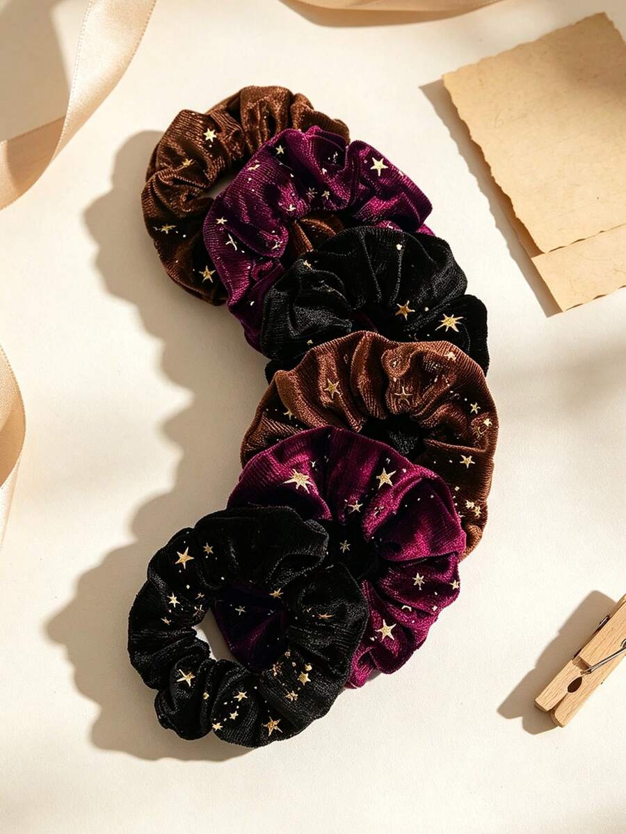 6件套丝绒金色星星发圈发饰套装，发圈发绳马尾辫发饰弹力带节日配饰