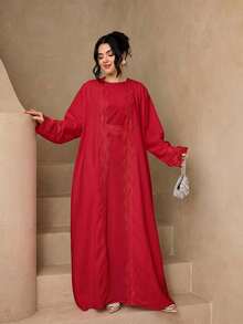 時尚百搭純色女款 4 件套優雅無袖長袍 + Abaya 開襟外套 + 圍巾 + 蕾絲腰帶套裝，柔軟親膚防曬穆斯林服飾披肩 - 棗紅色 - 查看 3