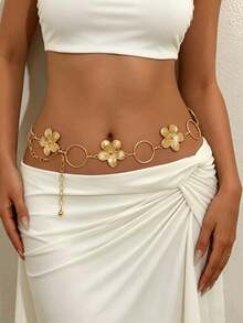 1 pieza Cadena de cintura de metal 3D con flores dobles vintage y personalizada, cinturón de cintura bohemio elegante y versátil adecuado para cualquier ocasión para mujeres - Dorado 3 - Ver 12