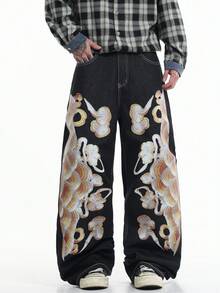 Justice Brother 1pc Hong Kong Style Graphic Print Men's Loose Wide Leg Denim Jeans, All Season Versatile Long Pants (Belt/Accessories Not Included) - Black - View 6