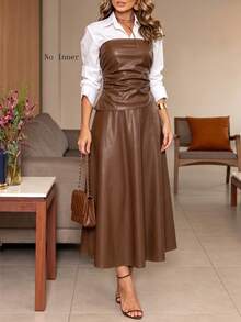 ANCHOSE Women's Autumn Brown PU 2 Pieces Set, Ruched Bandeau Top + A-Line Mid-Length Skirt, Without White Inner Layer, Elegant Commute Daily Outfit Fall - Orange Brown - View 1