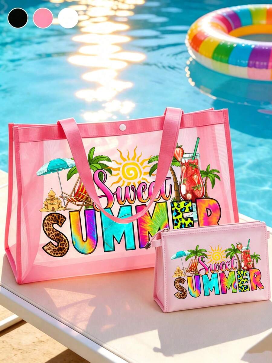 網格托特包套組，印有彩色「Sweet Summer」與遮陽扇、飲料、太陽、椰子樹圖案，網格化妝包，沙灘手提包，休閒度假包，可折疊大容量游泳沙灘包，化妝品收納包，夏季必備，適合學校、度假、假期和返校使用，送給朋友和老師的禮物，理想的返校季禮物