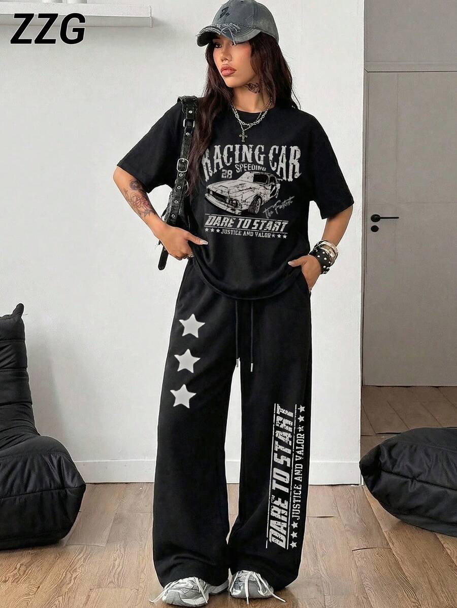 ZZG 女款春夏「Racing」印花街頭風 Y2K 時尚黑色短袖 T 恤 + 抽繩寬鬆長褲 2 件套 - 黑色 - 查看 1