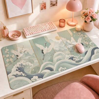Mint Porcelain Crane Large Mouse Pad, Elegant Desk Mat, Extended Gaming Mouse Pad, Non-Slip Style Keyboard Pad For Home Office Decor