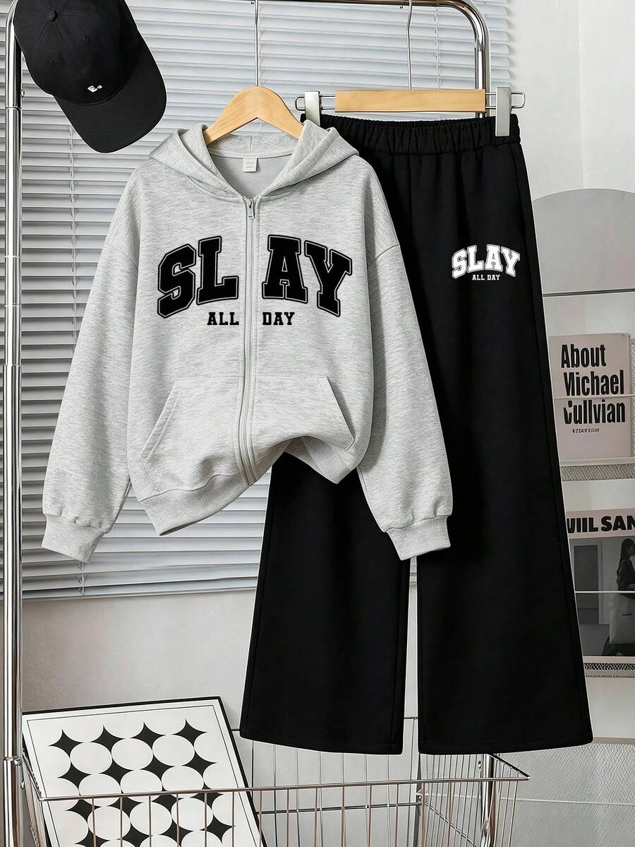 American Style Hooded Zip-Up Sweatshirt Jacket + Casual Long Pants 2-Piece Set, Suitable For Spring, Autumn And Winter, For Teenagers And Young Girls - Grey - View 1