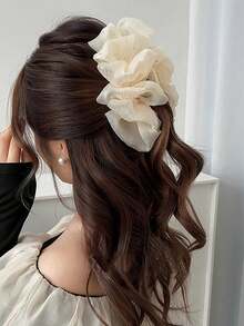 1pc Elegant Starry Rhinestone Chiffon Hair Claw Clip, Multi-Layer Ruffle Glitter Hair Clip For Women - Beige - View 5