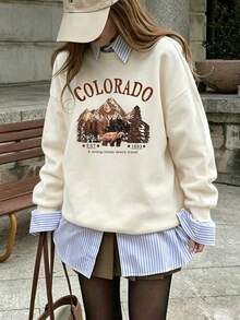 Colorado Mountain Brown Bear Print Crew Neck Sweatshirt, Wilderness Travel Graphic Pullover, American Outdoor Camping Casual Long Sleeve, Western Adventure Vibe Everyday Versatile Top - Apricot - View 2