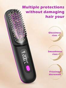 Cordless Hair Straightener Brush, Rapid Heating, Hot Comb Hair Straightener For Women, Lightweight, Type-C Charging Port, Anti-Scald, Lightweight, USB Rechargeable - Black - View 3