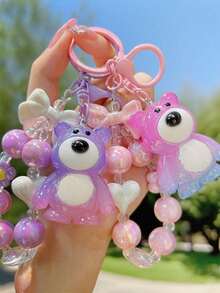 Cute Colorful Beaded Bracelet Forever Heart Charm Oil Bear Liquid Keychain Floating Letter Square Quicksand Bottle Keyring,Purse Charms - Multicolor - View 3