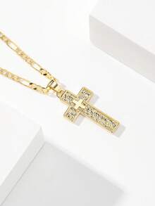 1PC European & American Classic Style Copper Layered Large Vintage Gold Double Cross Guardian Light Limited Edition Pendant Necklace, Suitable For Christmas/Thanksgiving/Halloween/Mother's Day/Valentine's Day Couples/Friends/Fellow Believers Gift, Catholic First Communion, Gift, Daily & Holiday Wear Prayer - Yellow Gold - View 4