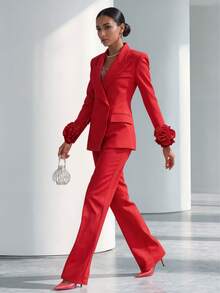 Spring/Autumn Women's Urban Elegant Solid Color Long Sleeve Blazer With 3D Floral Cuff Decor, Double-Breasted Jacket And Straight Leg Pants Red Fall - Red - View 5