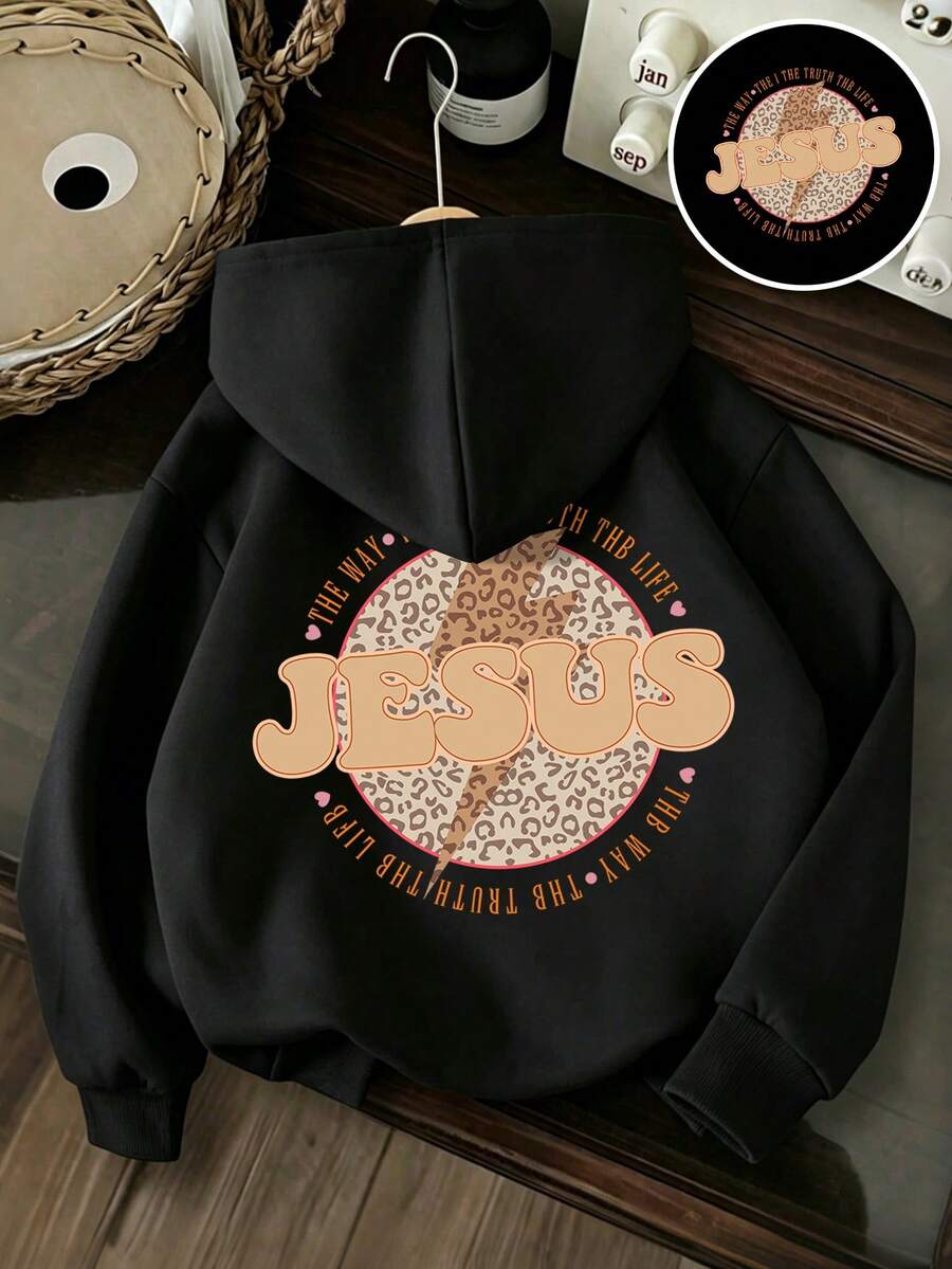 Tween Girl Letter Pattern Casual Daily Sweatshirt - Black - View 1
