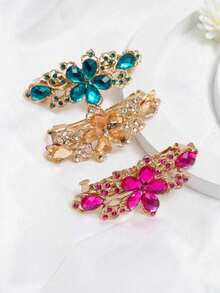 3pcs Rhinestone Flower Metal Hair Clips - Multicolor - View 4